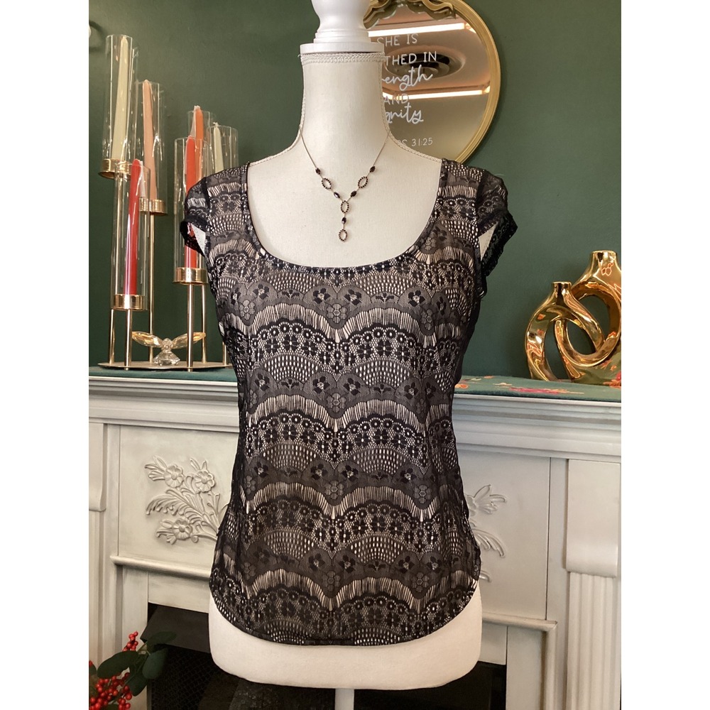 bebe Lace Cap Sleeve Top XS Black Sheer‎ Chiffon Back Scoop Neck